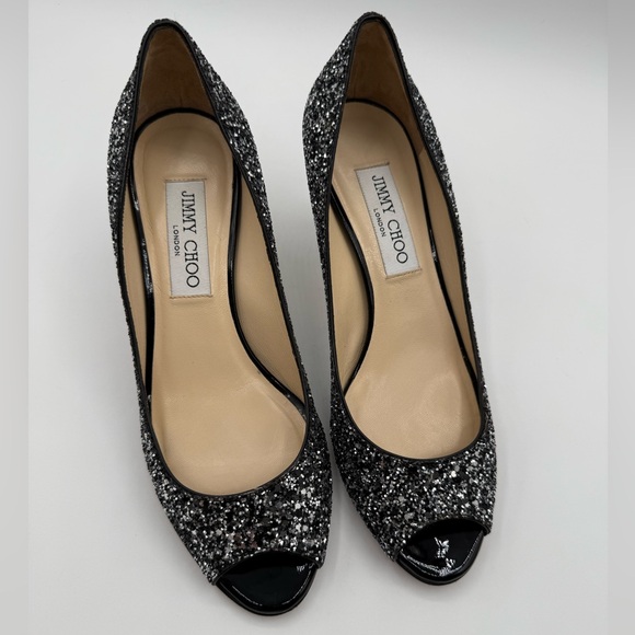 Jimmy Choo ISABEL COARSE GLITTER FABRIC SILVER-BLACK  Peep Toes Pumps SZ 36.5 - Picture 5 of 17